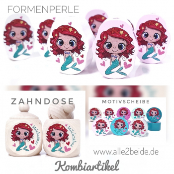 Formenperle aus Holz, bedruckt mit einer Meerjungfrau mit roten Haaren und großen Augen